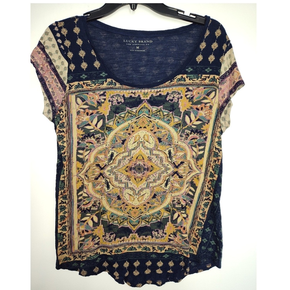Lucky Brand Womens Blue Mandala Floral Graphic Print Scoop Neck T-Shirt Medium
